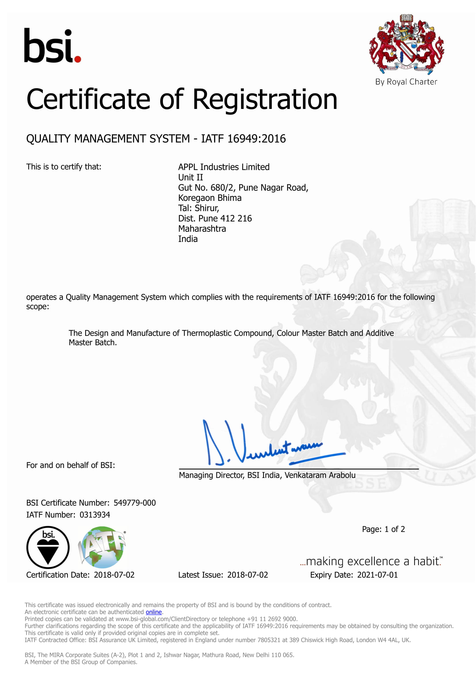 APPL Industries Limited Certification